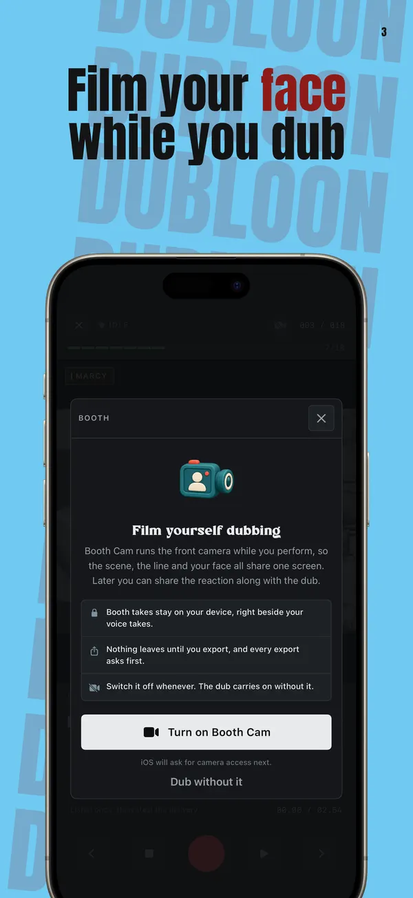 Booth Cam in Dubloon on iPhone: turn on the front camera to film yourself dubbing next to the scene