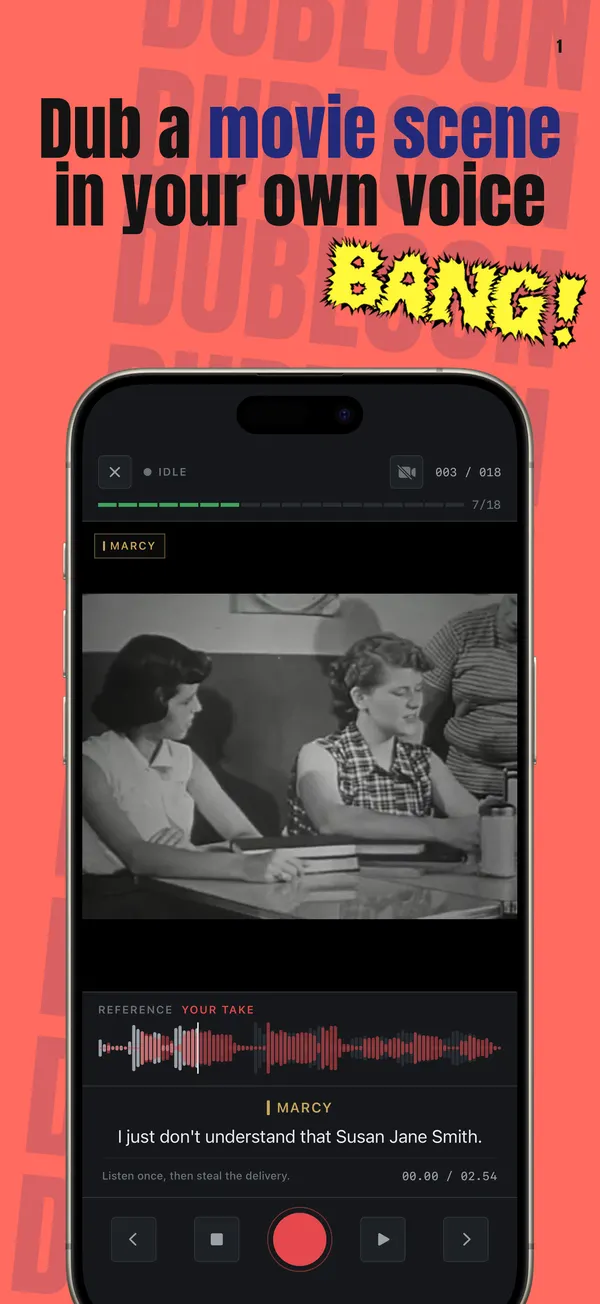 Recording a line in Dubloon on iPhone: the film frame, the character's line and the original waveform under the take