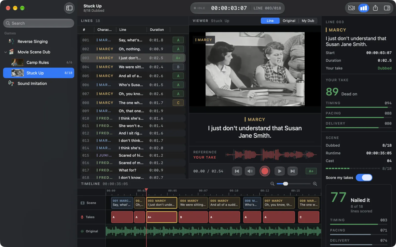 Dubloon on Mac: the dub editor with a lines list, a film viewer, the reference and take waveforms, a timeline of takes and a score inspector
